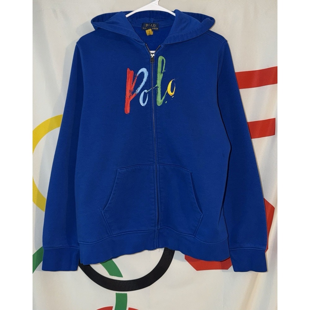 Polo Ralph Lauren Full Zip Hoodie Youth XL Blue Paint Logo Spell Out